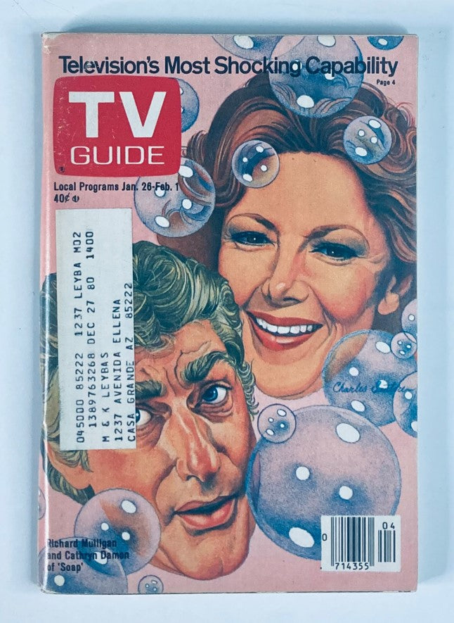Cover of TV Guide Magazine January 26 1980, issue #1400 featuring Richard Mulligan and other notable television actors in a vibrant, artistic style.