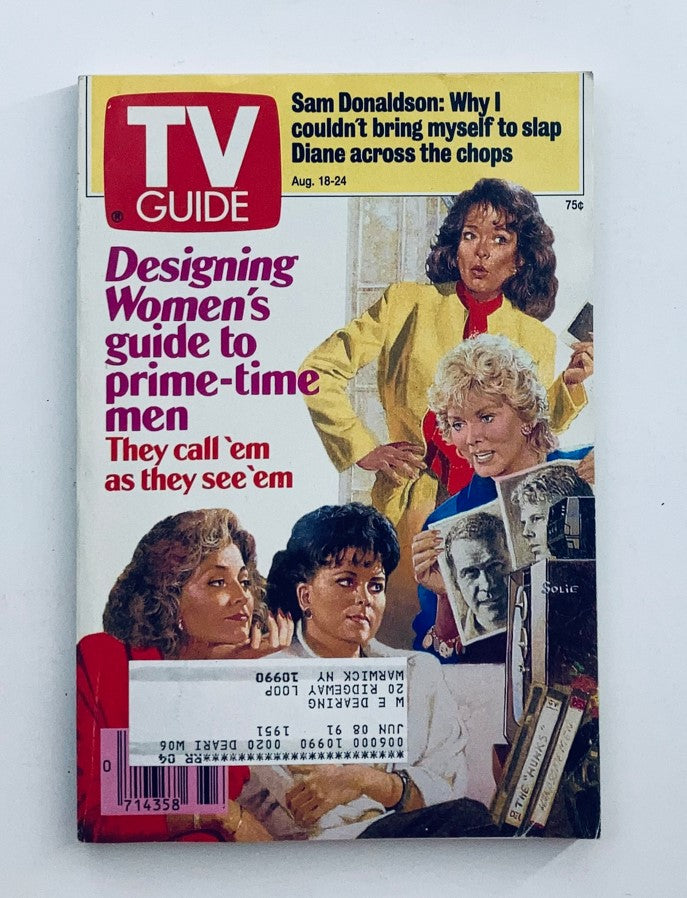 TV Guide Magazine cover from August 18, 1990 featuring Delta Burke and Dixie Carter. The cover includes the headline 'Designing Women's guide to prime-time men' with a price tag of 75 cents. This vintage magazine showcases popular television personalities and is ideal for collectors.