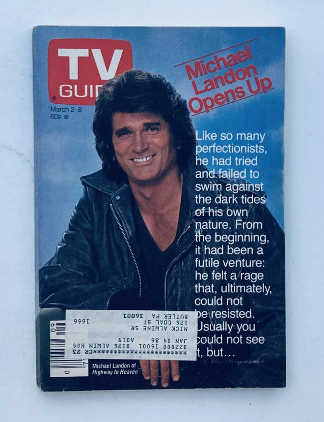 TV Guide Magazine March 2 1985 featuring Michael Landon on the cover, portraying 'Michael Landon Opens Up'. The magazine displays a retro design with a close-up of Landon, known for his role in 'Highway to Heaven', dressed in a leather jacket.