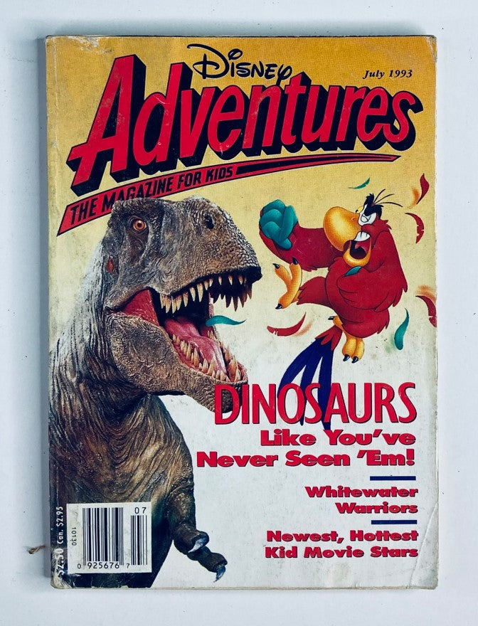 Disney Adventures Magazine July 1993 cover featuring a T-Rex and vibrant cartoon characters, highlighting 'Big Adventures of Dinosaurs.' A collectible magazine for kids and Disney fans.