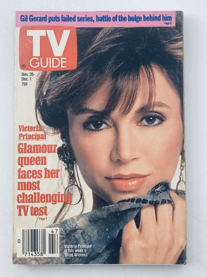 TV Guide Magazine cover from November 25, 1989 featuring Victoria Principal, showcasing her with the headline 'Glamour queen faces her most challenging TV test.' This vintage magazine is in pristine condition.