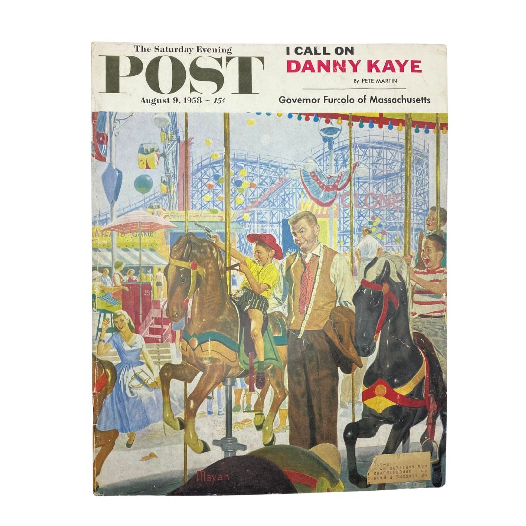 Saturday Evening Post Magazine August 9 1958 featuring cover art 'Gay Steeds Gallop' by Earl Mayan, depicting a vibrant carousel scene reflecting 1950s Americana.