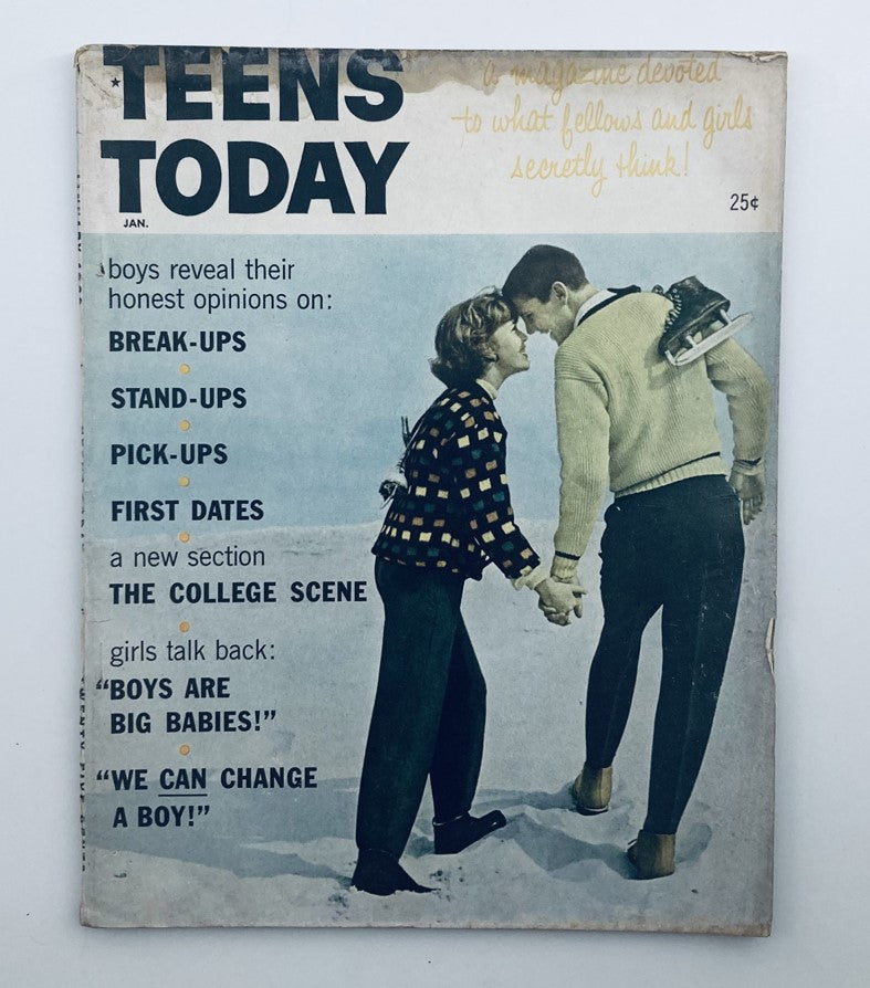 Cover of VTG Teens Today Magazine January 1960, featuring a couple in winter attire and topics like break-ups and first dates, showcasing vintage teen culture.