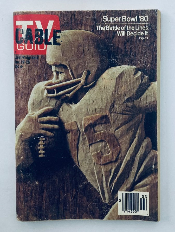 Cover image of TV Guide Magazine January 19 1980 featuring Super Bowl '80, highlighting the theme 'The Battle of the Lines'. The magazine showcases a carved football player design, reflecting its vintage nature.