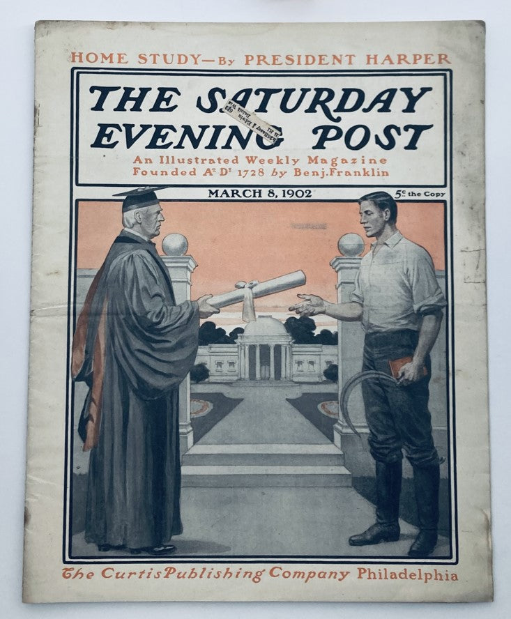 Cover of The Saturday Evening Post March 8, 1902 featuring a Home Study by President Harper, showcasing historic illustrations from the early 20th century.