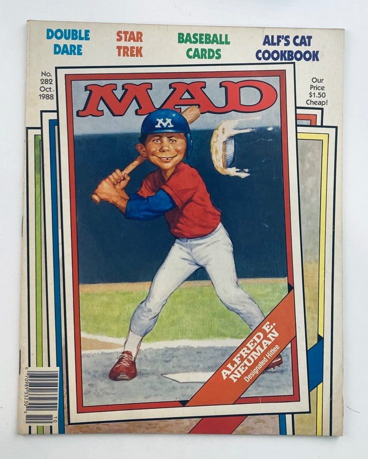 Cover of Mad Magazine October 1988 No. 282 featuring Alfred E. Neuman as a baseball player, humorously illustrated, highlighting the humor and satirical style of the late '80s.