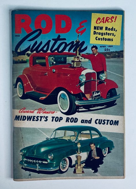 Cover of VTG Rod & Custom Magazine April 1959 showcasing award-winning Midwest's best rod and custom cars, featuring a red hot rod and a classic green car with a trophy.