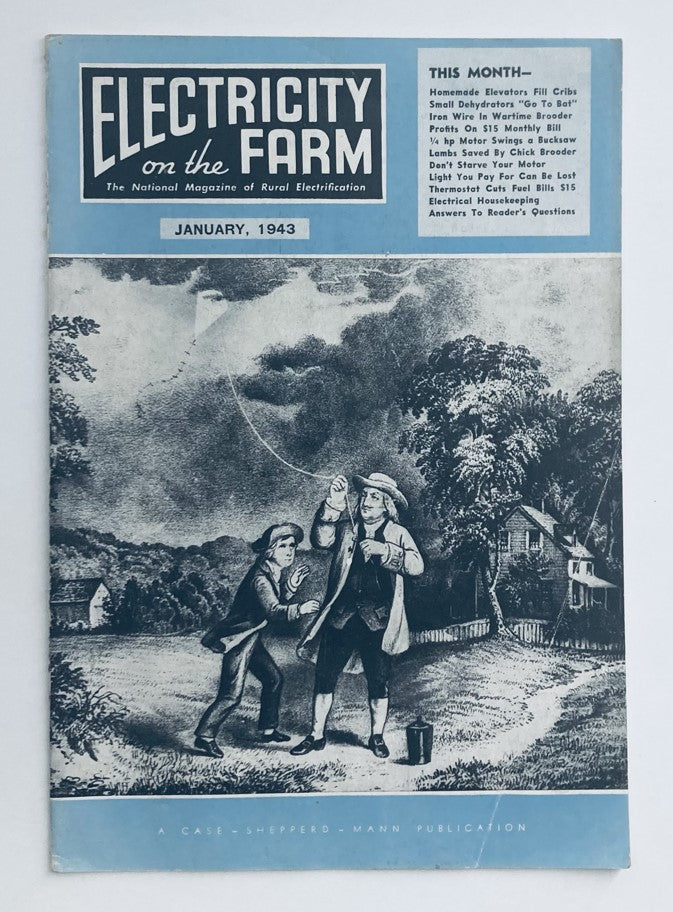 Cover of VTG Electricity on the Farm Magazine January 1943, featuring an illustration related to farming and innovation, highlighting homemade elevators and rural electrification.