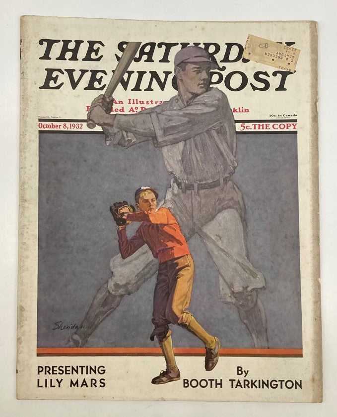 Cover of VTG The Saturday Evening Post Magazine from October 8, 1932, featuring the title 'Presenting Lily Mars' with a classic illustration showcasing baseball themes.