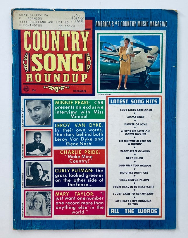 Cover of VTG Country Song Roundup Magazine December 1968 featuring Minnie Pearl and Leroy Van Dyke, highlighting latest song hits and country music stars.