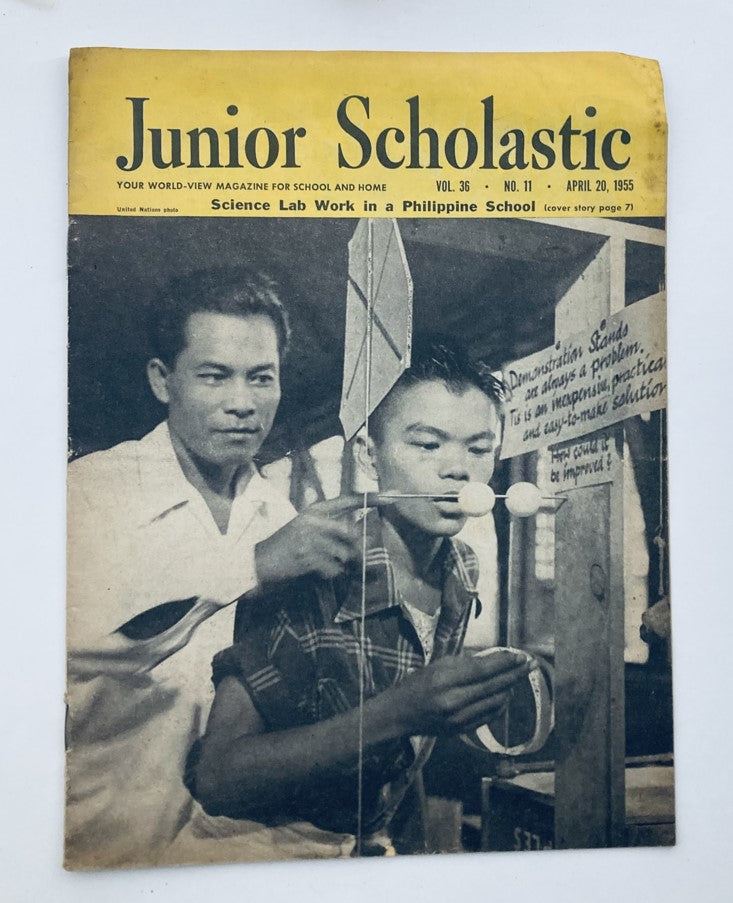 Cover of the VTG Junior Scholastic Magazine April 20, 1955 showing Science Lab Work in a Philippine School, featuring students conducting experiments.