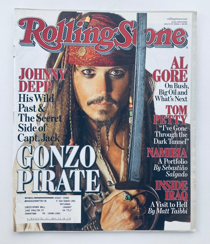 Rolling Stone Magazine July 13 2006 Issue 1004/1005 featuring Johnny Depp as a Gonzo Pirate, showcasing Depp's iconic look with a sword and pirate costume on the cover.