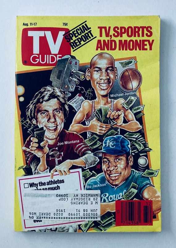 TV Guide Magazine August 11 1990 featuring Michael Jordan, Bo Jackson, and Joe Montana on the cover with a theme of TV, Sports, and Money.
