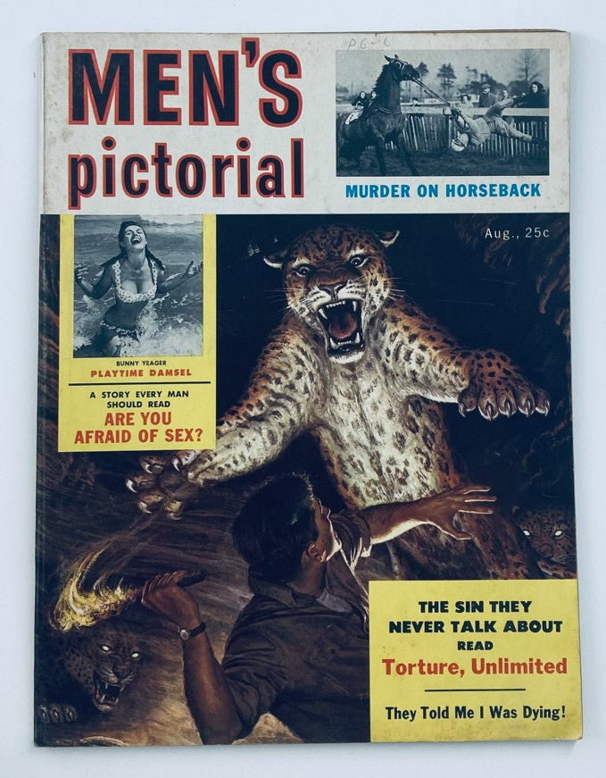 Cover of the VTG Men's Pictorial Magazine from August 1956 featuring Bunny Yeager, highlighting the 'Playtime Damsel' series. The cover includes dynamic artwork with a roaring leopard and a man, promoting articles and stories from the era.