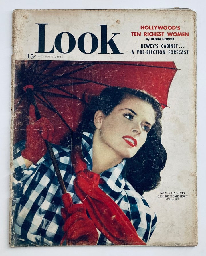 Cover of VTG Look Magazine August 31, 1948 featuring a woman in a red dress and umbrella, showcasing home-sewn raincoats and vintage fashion.