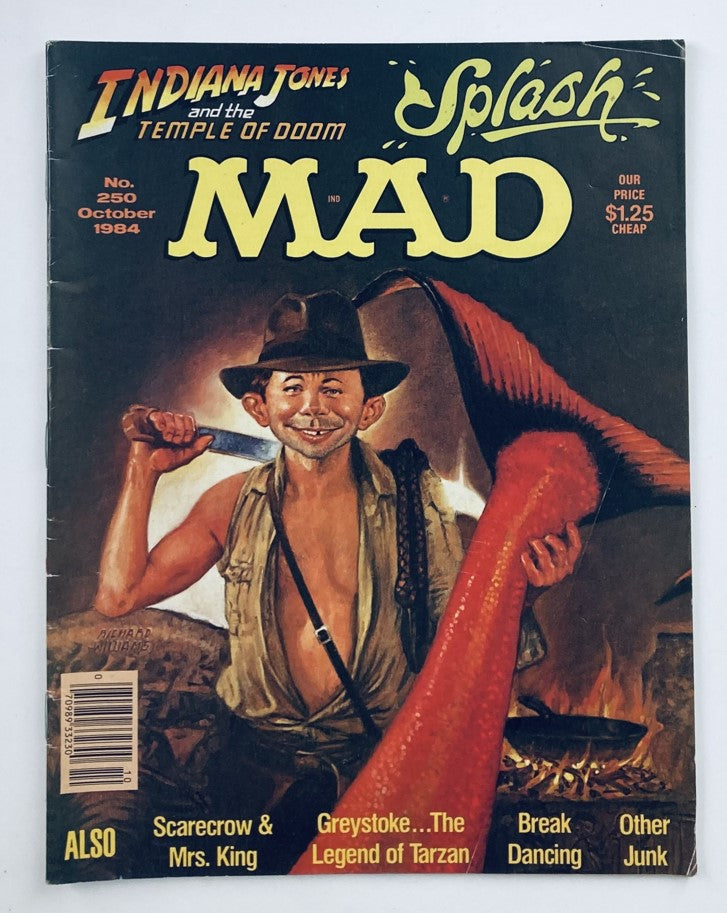 Mad Magazine October 1984 No. 250 featuring Alfred E. Neuman as Indiana Jones, showcasing vibrant vintage cover art and humor reflective of the 1980s pop culture.