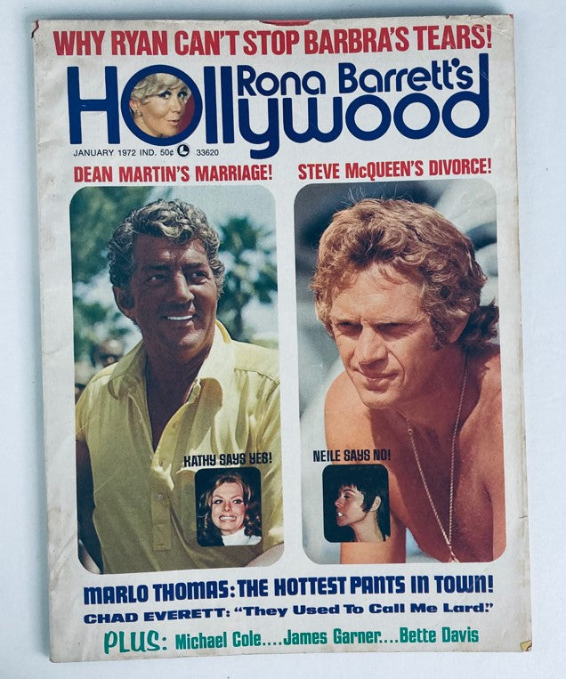 Cover of the January 1972 issue of Rona Barrett's Hollywood Magazine featuring Dean Martin, highlights the theme of marriage and includes teasers for articles like Steve McQueen's divorce.