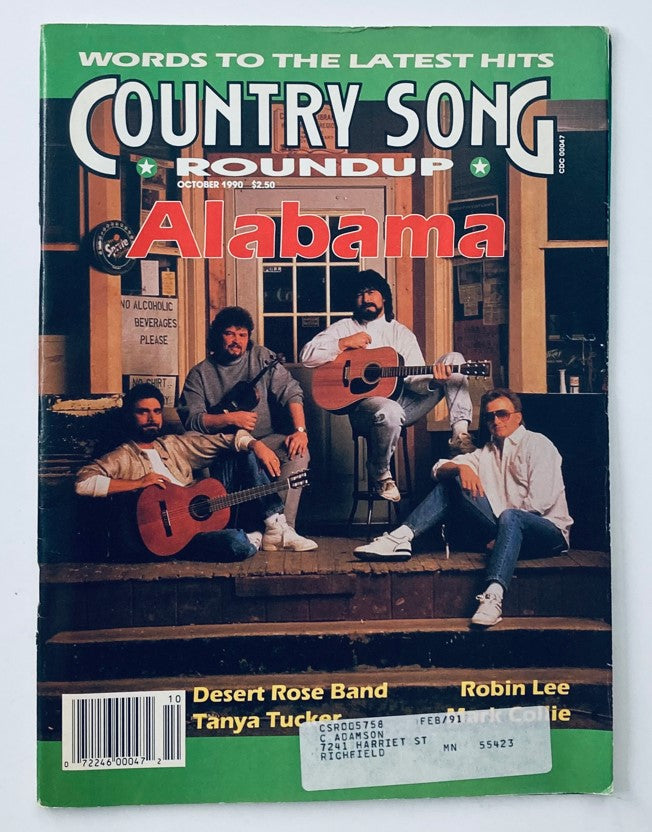 Cover of VTG Country Song Roundup Magazine from October 1990 featuring Alabama and Desert Rose Band, showcasing an iconic image of the band members in a rustic setting.