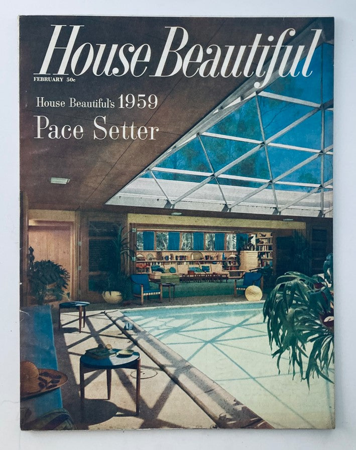 Cover of House Beautiful Magazine February 1959, titled The 1959 Pace Setter, featuring a stylish interior design with a bright and airy room, highlighting mid-century decor.