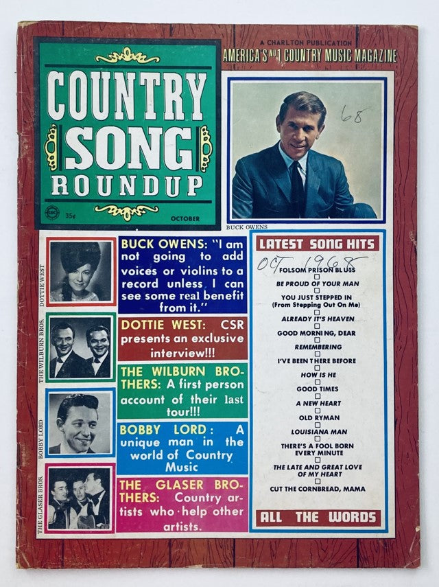 Cover of VTG Country Song Roundup Magazine from October 1968 featuring Buck Owens and Dottie West, showcasing highlights from country music.