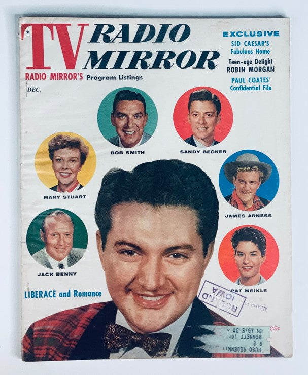 Cover of VTG TV Radio Mirror Magazine December 1955 featuring Liberace and Romance, showcasing various celebrities including Bob Smith and Mary Stuart.