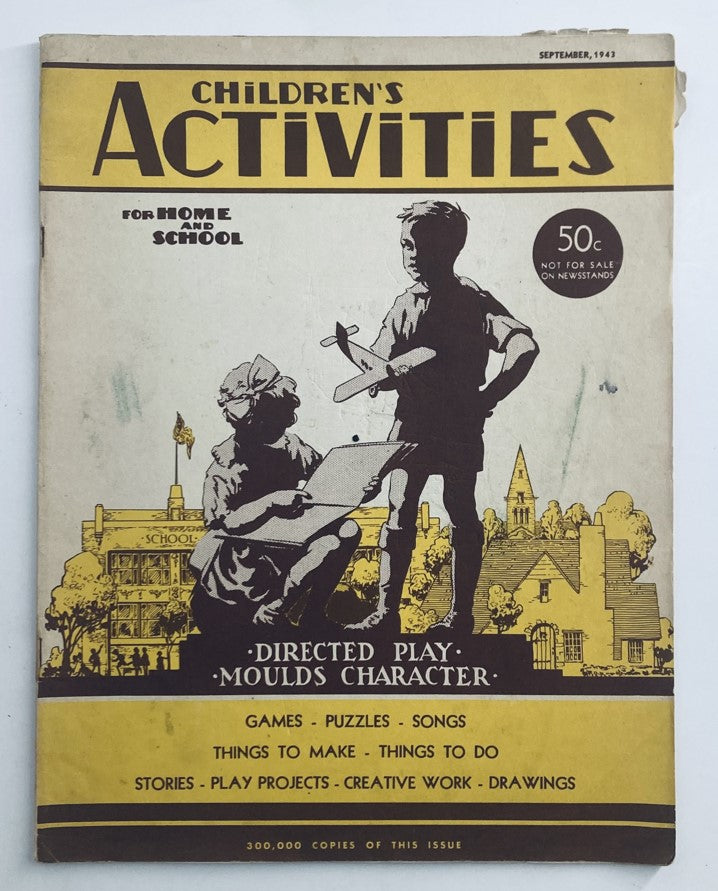 Cover of Children's Activities for Home and School September 1943 Stunt Corner featuring silhouettes of children engaged in various activities with text highlighting directed play and educational themes.