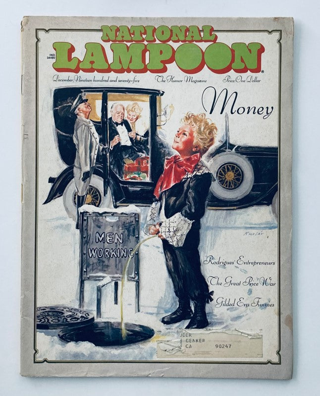 Vintage National Lampoon Magazine December 1975 cover featuring humorous artwork and the title 'Money', showcasing the iconic comic style of the era.