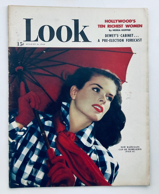 Cover of VTG Look Magazine August 31 1948 Vol 12 No. 18 featuring a woman in a checkered dress holding a red umbrella, highlighting Dewey's Cabinet.