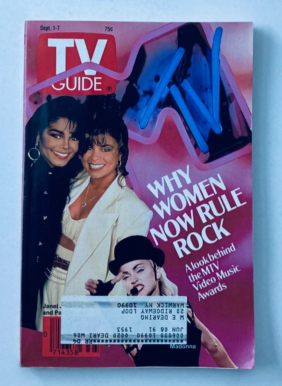 Cover of TV Guide Magazine September 1, 1990 featuring Janet Jackson and Paula Abdul, highlighting the theme 'Why Women Now Rule Rock', with a tribute to iconic artists and articles about the MTV Video Music Awards.
