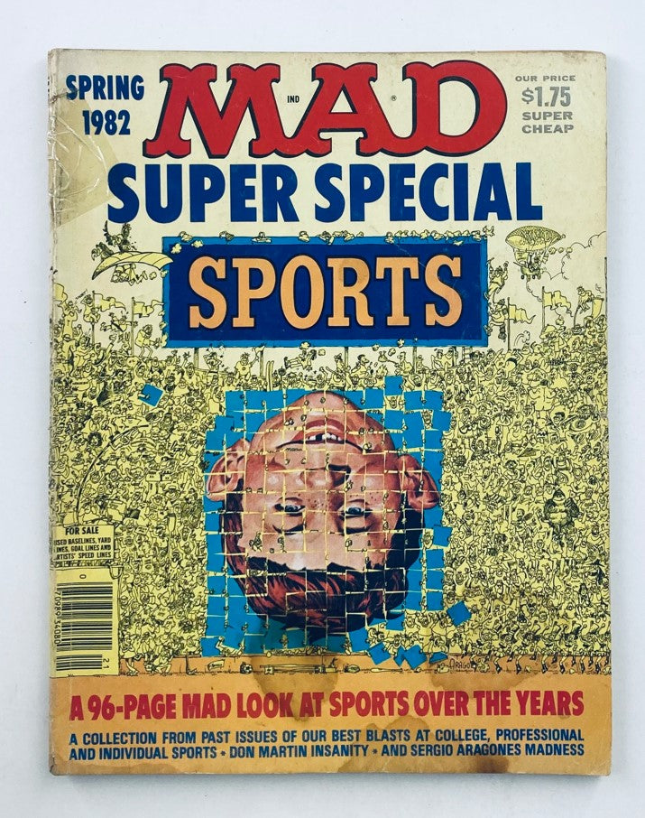 Cover of Mad Super Special Spring 1982 No. 38 featuring a colorful collage and the title 'SPORTS', priced at $1.75, highlighting a 96-page look at sports over the years.