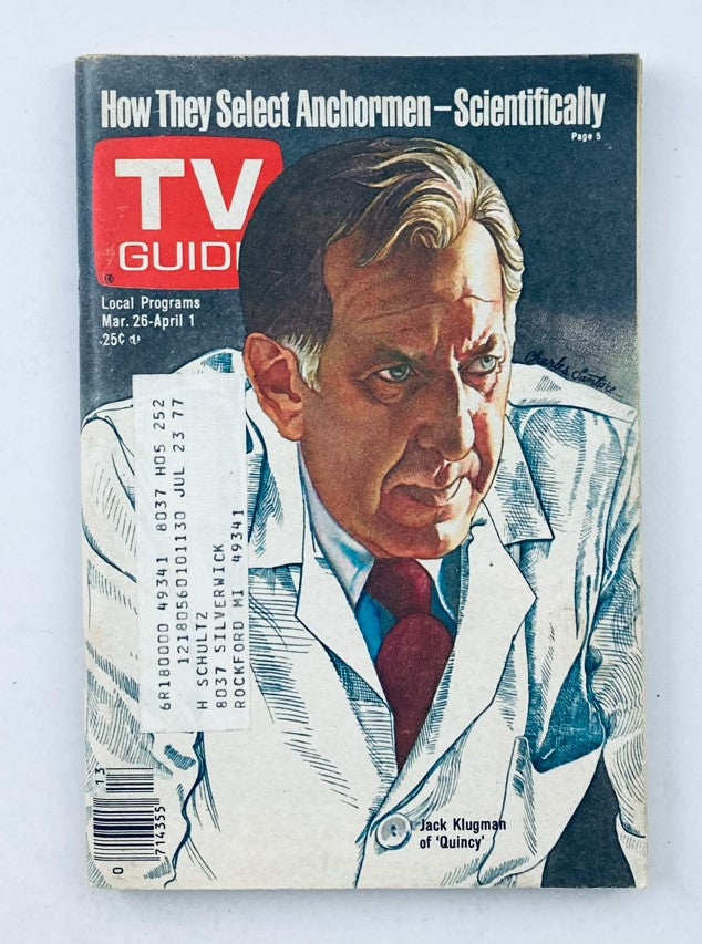 Cover of TV Guide Magazine March 26, 1977 featuring Jack Klugman, depicting an illustration of him in a white coat and showcasing television highlights for the week.
