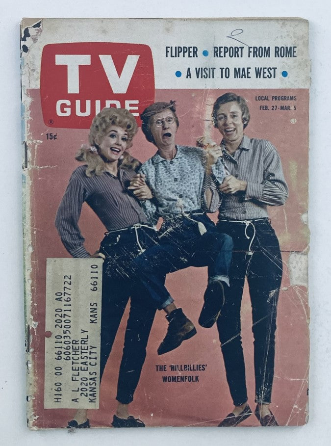 Cover of TV Guide Magazine February 27, 1965, featuring Donna Douglas and cast members from The Beverly Hillbillies. This edition showcases the theme of the show with a charming vintage design.