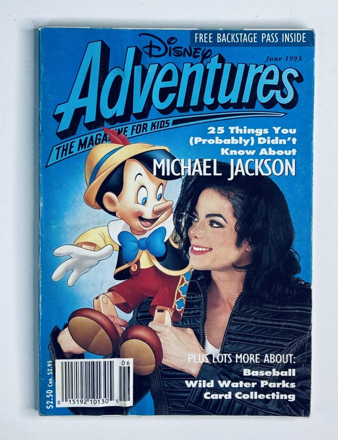 Disney Adventures Magazine June 1993 cover featuring Michael Jackson and Pinocchio, highlighting pop culture and children's entertainment.
