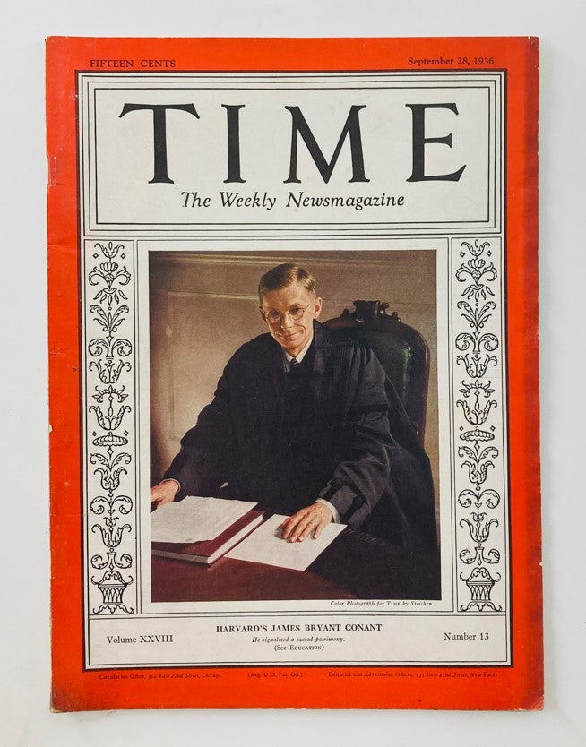 VTG Time Magazine September 28 1936 featuring Harvard's James Bryant Conant on the cover, capturing an important moment in educational history.