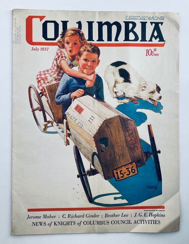 Cover of VTG Columbia Magazine July 1937 featuring colorful illustration of children playing in a wooden cart and a dog, showcasing the Knights of Columbus Council Activities.