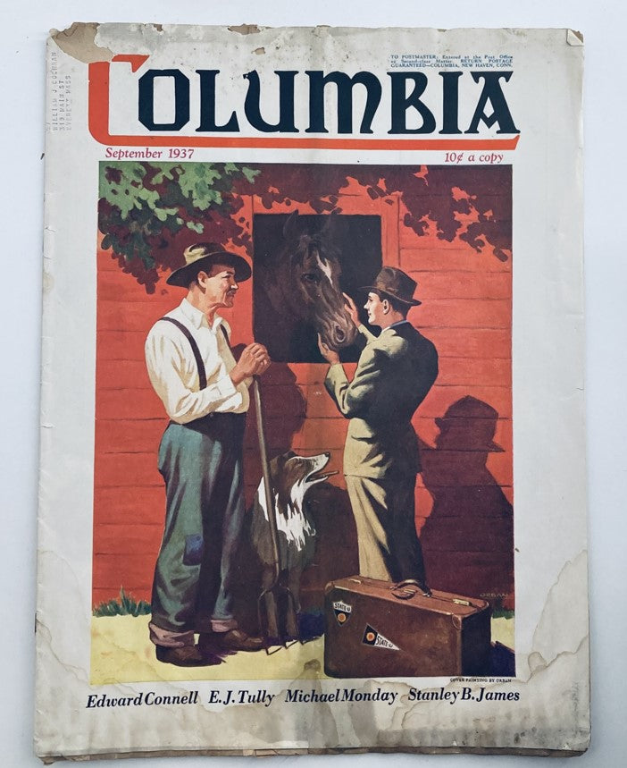 Cover of VTG Columbia Magazine September 1937, Volume 17, No. 2, featuring a vintage illustration with two men and a horse, reflecting mid-20th century culture.