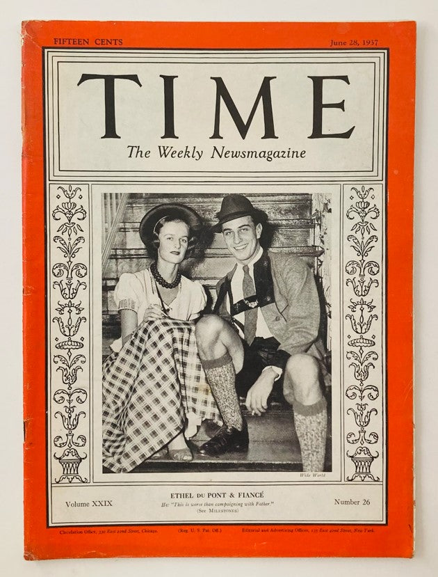 Cover of VTG Time Magazine June 28, 1937 featuring Ethel du Pont and Franklin D. Roosevelt Jr., showcasing vintage design and historical importance.