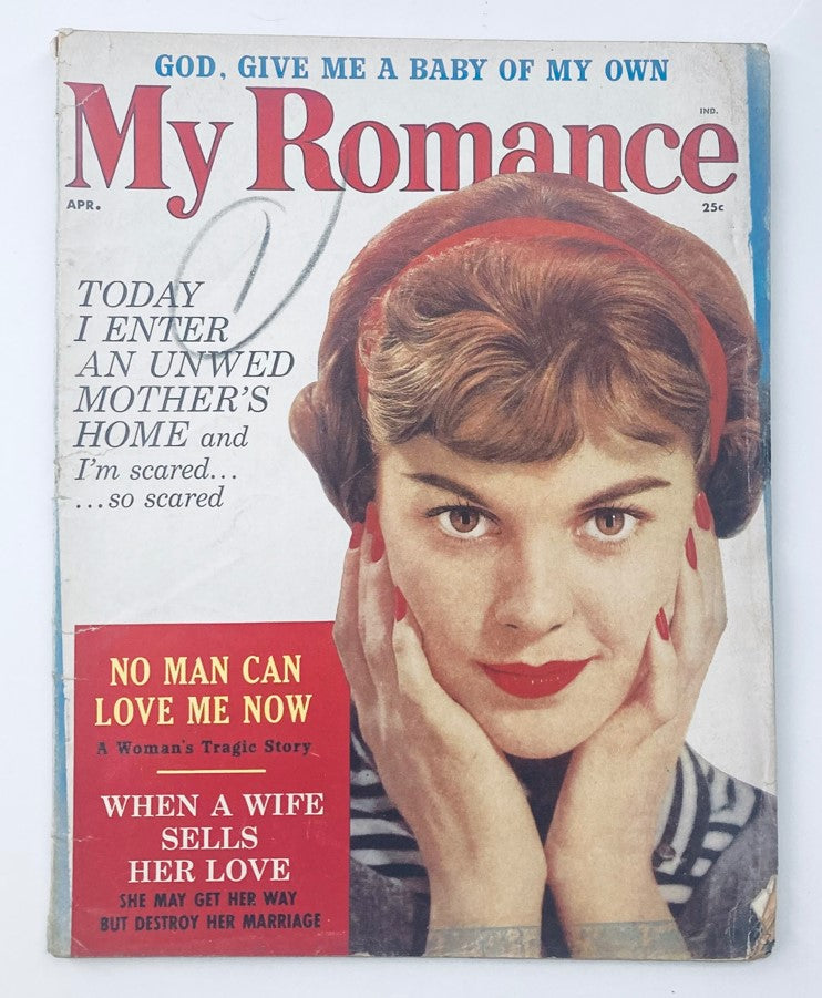 Cover of VTG My Romance Magazine April 1960 Vol 12 #2 featuring a woman with a vintage hairstyle and makeup, alongside stories such as 'Bride with a Past' and 'No Man Can Love Me Now.' The magazine captures the essence of 1960s romance literature.