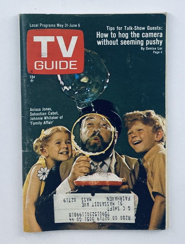 Vintage TV Guide Magazine May 31 1969 #844 cover featuring Sebastian Cabot, Anissa Jones, and Johnnie Whitaker from 'Family Affair', showcasing retro television culture.