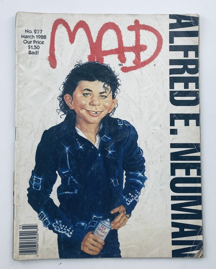 Mad Magazine March 1988 No. 277 featuring Alfred E. Neuman in a 'Sad' pose on the cover, showcasing vintage comic artistry.