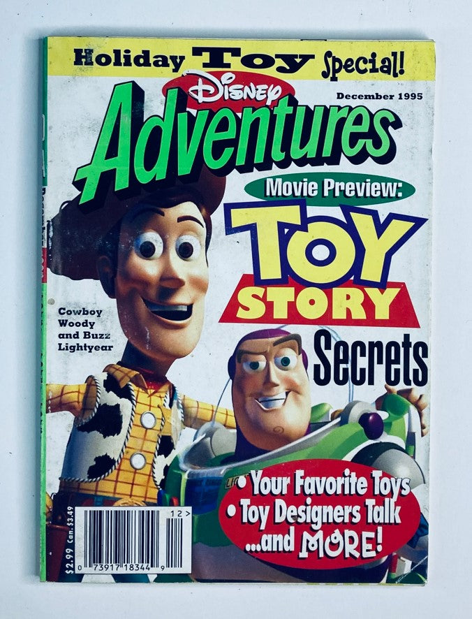 Cover of Disney Adventures Magazine December 1995 featuring Cowboy Woody and Buzz Lightyear, highlighting Toy Story secrets.