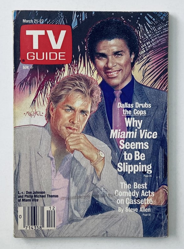 TV Guide Magazine cover from March 21, 1987, featuring Don Johnson and Philip Michael Thomas from Miami Vice, showcasing vibrant 1980s television culture.
