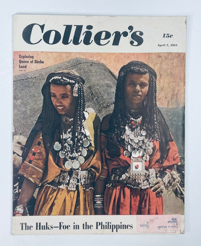 Collier's Magazine cover from April 7, 1951, featuring the title 'The Huks-Foe in the Philippines', showcasing two women adorned in traditional attire and jewelry.