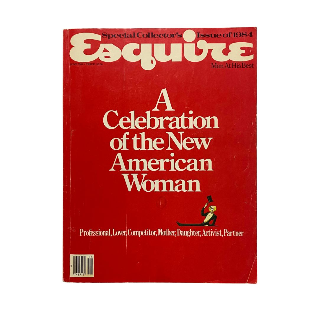 Cover of VTG Esquire Magazine June 1984 Vol 101 No. 6 titled 'A Celebration of the New American Woman', featuring a bold red background, and text highlighting women's roles in society such as Professional, Lover, Competitor, Mother, Daughter, Activist, Partner.