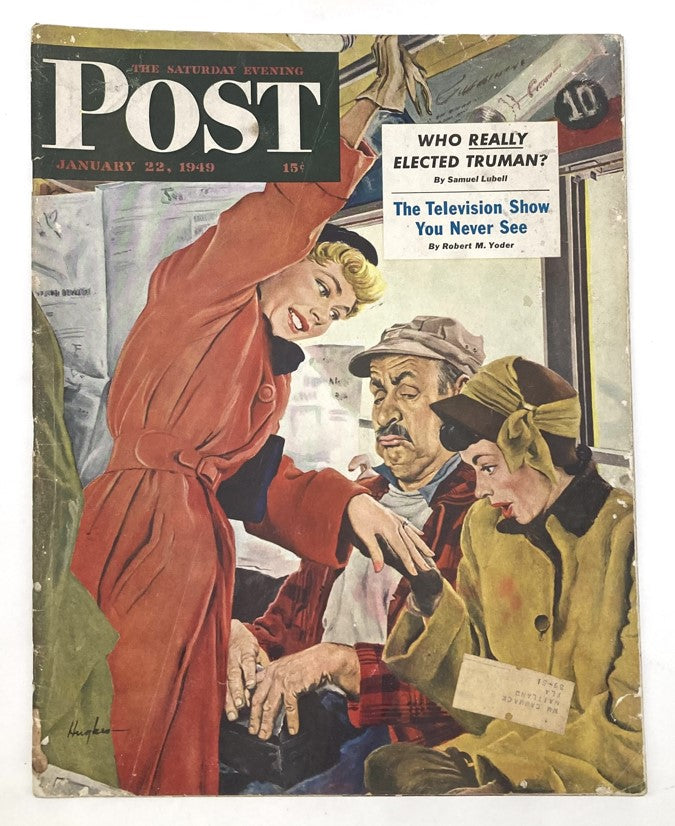 Saturday Evening Post Magazine January 22 1949 Illustrated Cover featuring a vibrant scene with three characters on a bus, showcasing mid-20th century American lifestyle as illustrated by George Hughes.