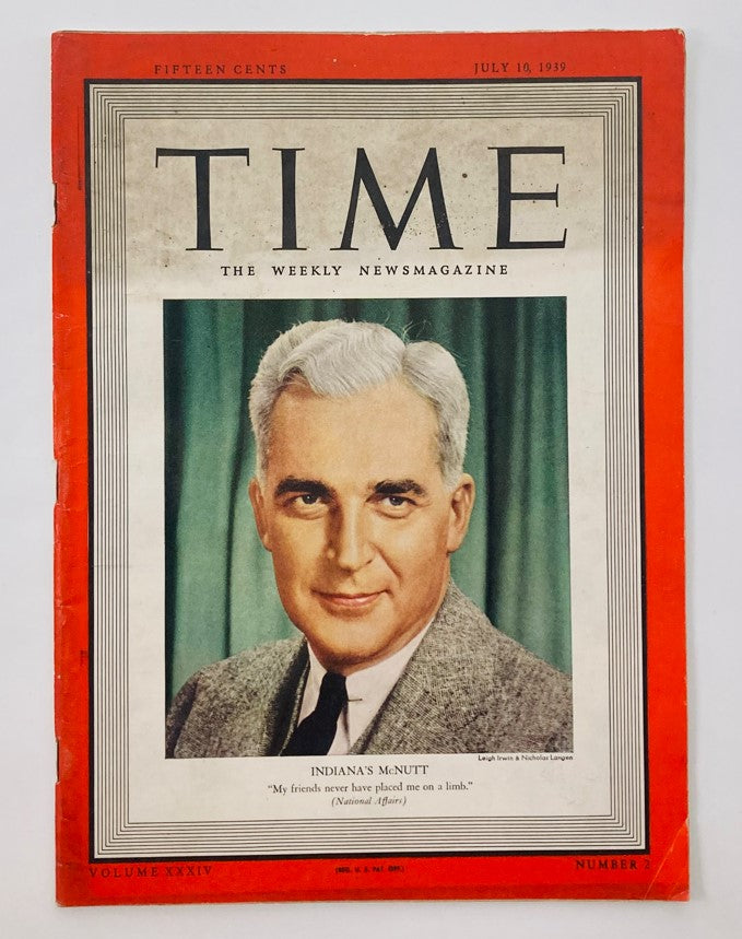 VTG Time Magazine July 10 1939 Cover featuring Paul V. McNutt with captivating portrait and classic design.