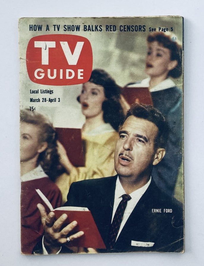 Cover of TV Guide Magazine March 28 1959 featuring Ernie Ford, showcasing vintage television culture with local listings for March 28-April 3, priced at 15 cents.