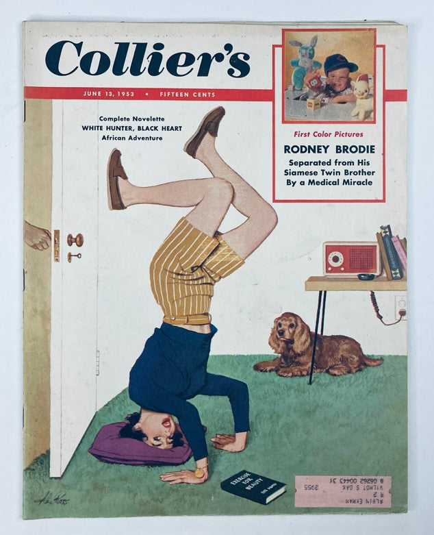 Front cover of VTG Collier's Magazine June 13 1953, Vol 131 No. 24 featuring an illustration and article about Rodney Brodie, a Siamese twin, capturing the essence of mid-20th century culture.