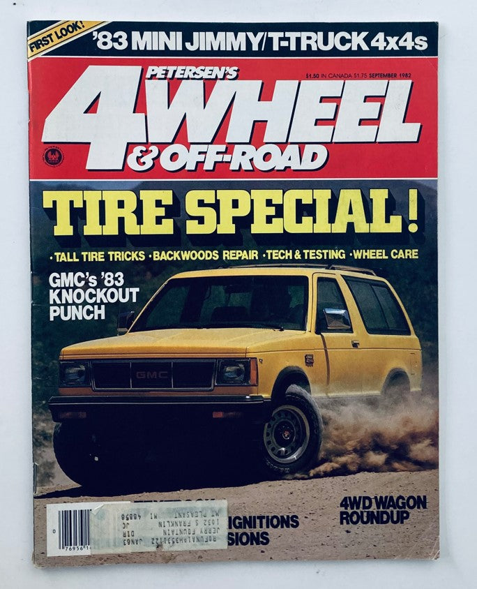 Cover of Petersen's 4 Wheel & Off-Road Magazine September 1982 featuring GMC's Knockout Punch with a yellow SUV on the front.
