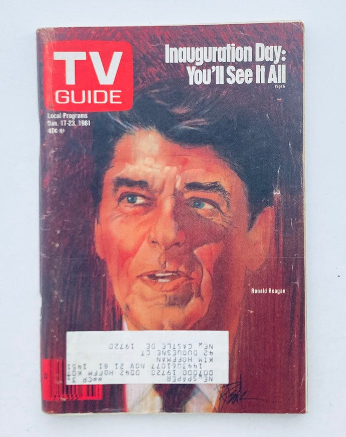 Cover of TV Guide Magazine January 17, 1981 featuring Ronald Reagan, with the headline 'Inauguration Day: You'll See It All.' The magazine showcases local programs and a vivid illustration of Reagan.